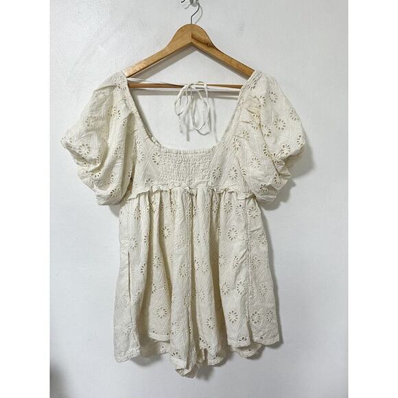 Anthropologie Pilcro Puff Sleeve Eyelet Playsuit Romper Jumper Size MP White NEW - Picture 2 of 9